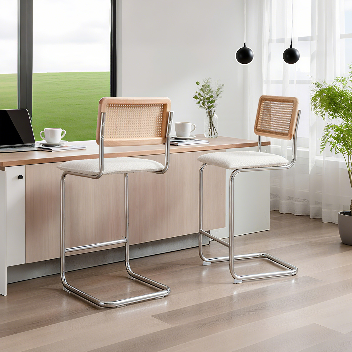 Rattan Back Boucle Bar Stolička s chromovou konzolovou základnou-v polovině století moderní židle pro výšku pultu